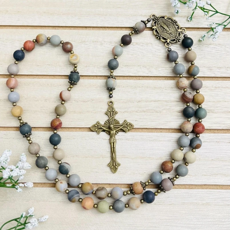 

1Pcs Face Religious Madonna Cross Crisscross Catholicism Prayer Bead Jesus Christian Stone Bronze Color Plated 25inch Jewelry