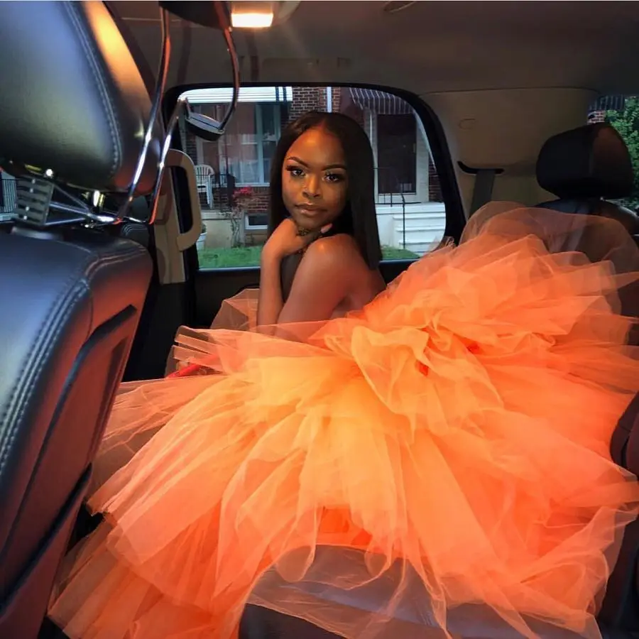 

Puffy Orange Homecoming Dresses Ruffle Tulle Strapless Neck Girls Long Party Gowns Backless Layered Maxi Dress Off Shoulder