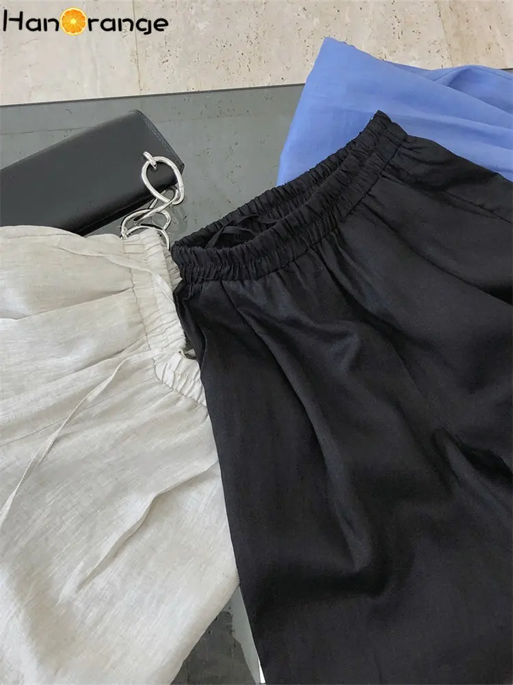 HanOrange 2025 Autumn Thin Wide Leg Pants Pure Linen Women Loose Comfortable Cool Trousers Female Black/linen/blue-purple