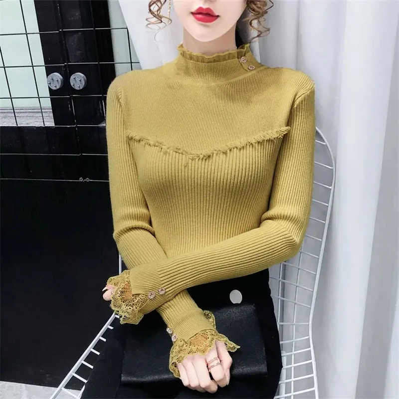 2024 New Women Sweater Autumn Winter Turtleneck Warm Knitwear Korean Casual Lace Bottoming Shirt Fashion Knit Pullovers Jumper