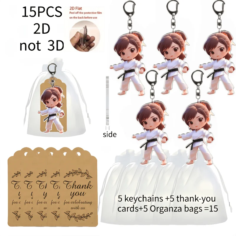 5sets Martial Arts Girl Keychain Includes 2D Acrylic Pendant & Thank You Cards & Yarn Bags Ideal Gift for Birthdays Party Favors
