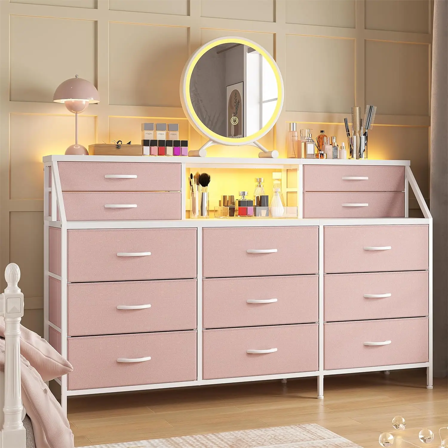 Commode rose pour chambre à coucher, commode avec 13 grands murs, commodes et coffres de proximité, chambre à coucher, 55 po W