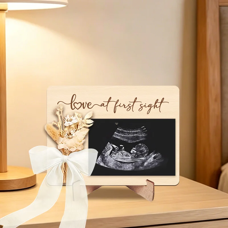 'Love At First Sight' Ultrasound Photo Frame Tabletop Wooden Frame with Holder & Ribbon For Pregnancy Announcement Sign
