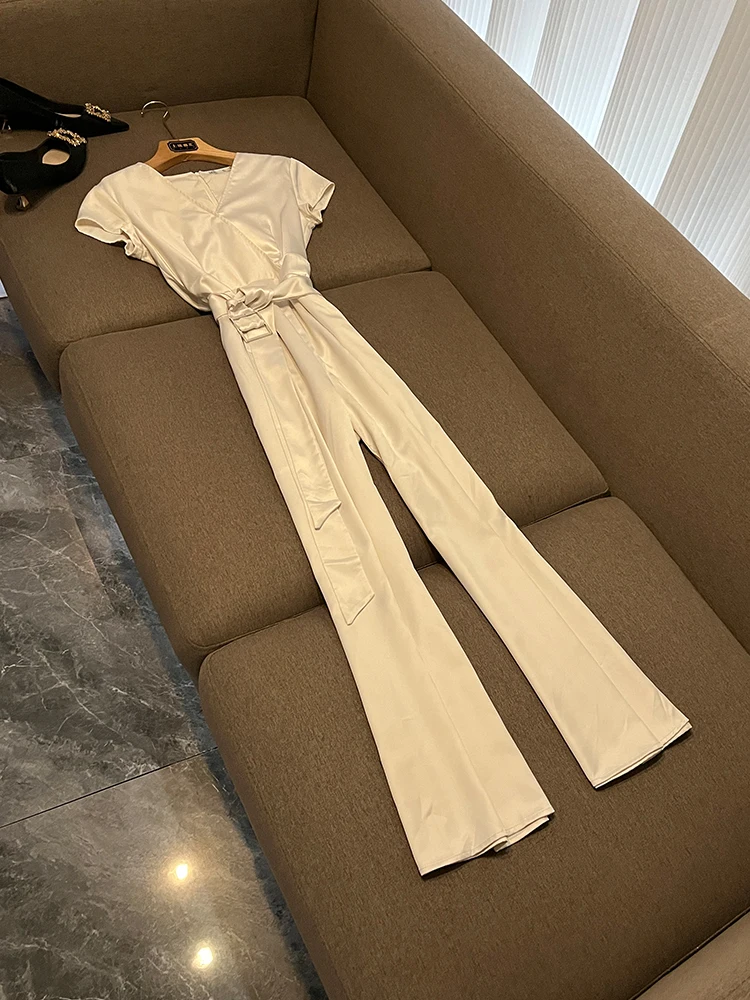 Ele الأبيض الساتان السراويل واسعة الساق دعوى عالية الخصر السراويل الطويلة فرقة الخريف الشتاء Faionable فريد الراقية Quali #1