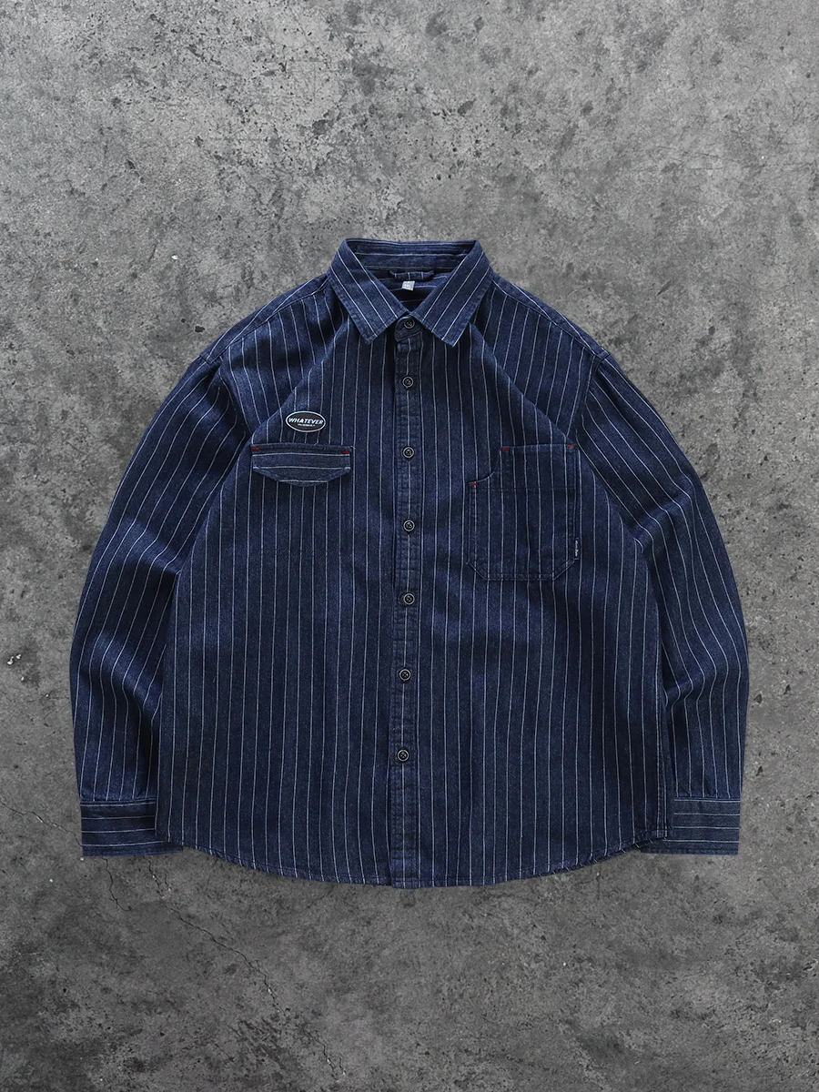 

Loose Fit Men's Long Sleeve Shirt Spring Autumn Fashionable Retro American Striped Casual Top for Youngsters Trendy Pocket De...