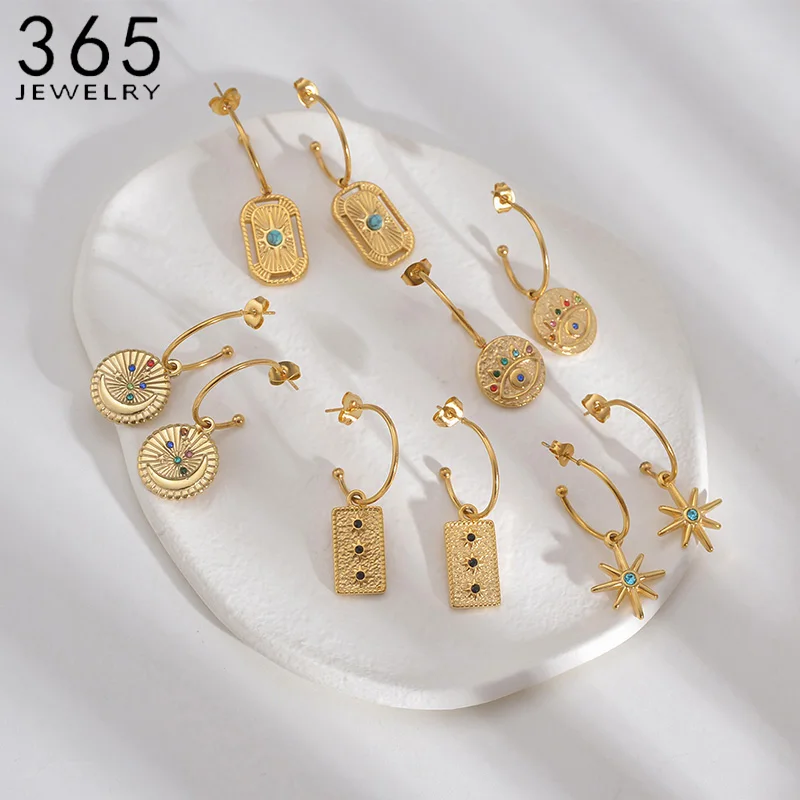 New 5 Styles Retro Stainless Steel Crystal Earring For Women Gold Color Bule Natural Stone Drop Earrings Jewelry Gift