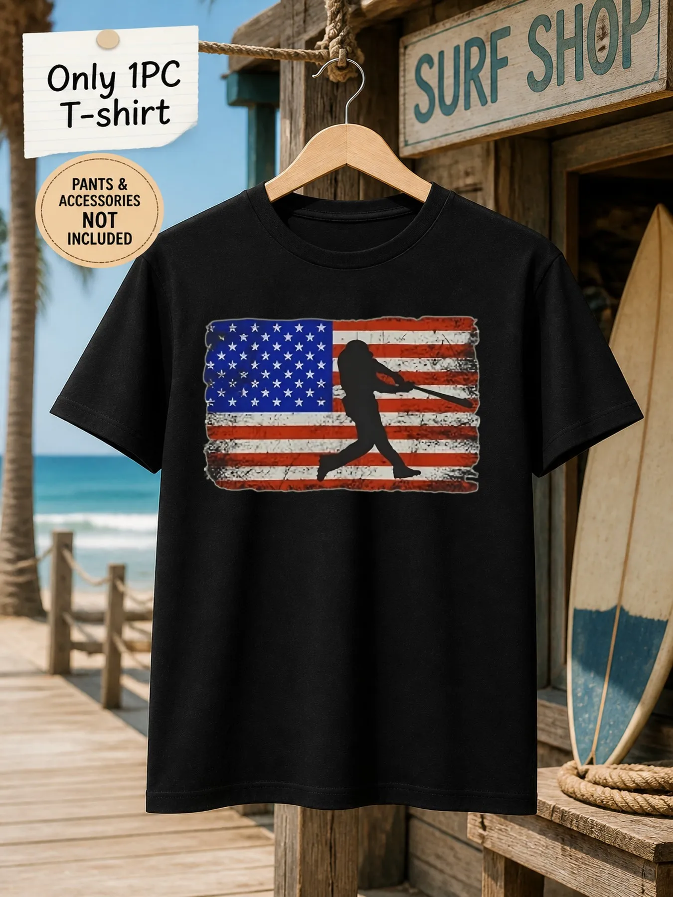 1pc Mens Graphic T Shirt Distressed American Flag Baseball Player Short Sleeve Crew Neck[solely 1pc T-SHIRT]