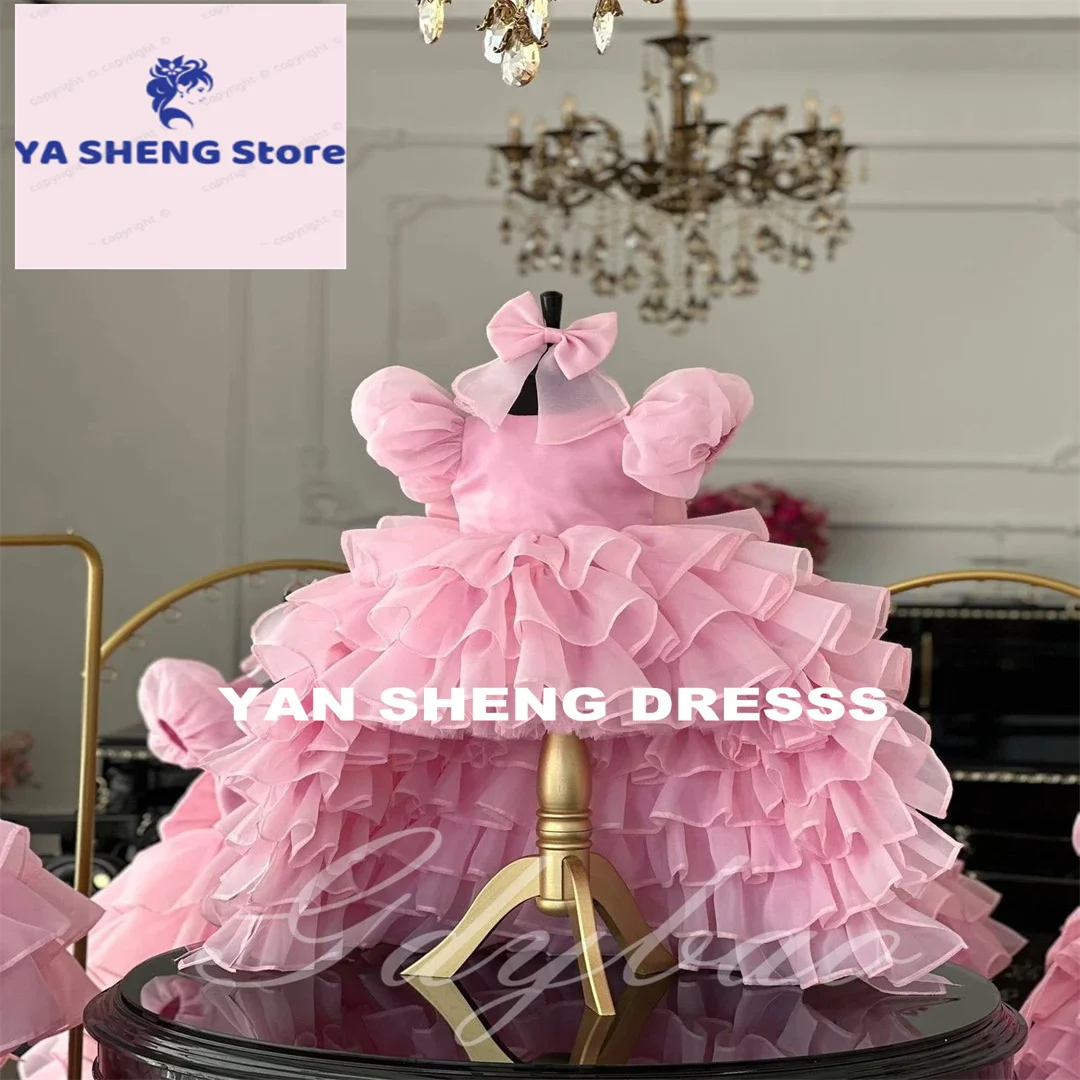 Customized Flower Girl Dress For Wedding Puffy With Tail Bow Short Sleeves Kids Baby Birthday First Communion Gown