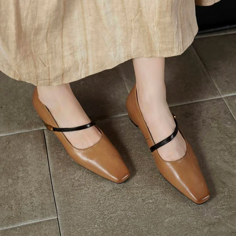 Black Red Camel Round Toe Mary Jane Hidden 4cm Mid Heel Full Grain Leather Non-slip Bean Sole Daily Handmade Women Flats F149 view 4