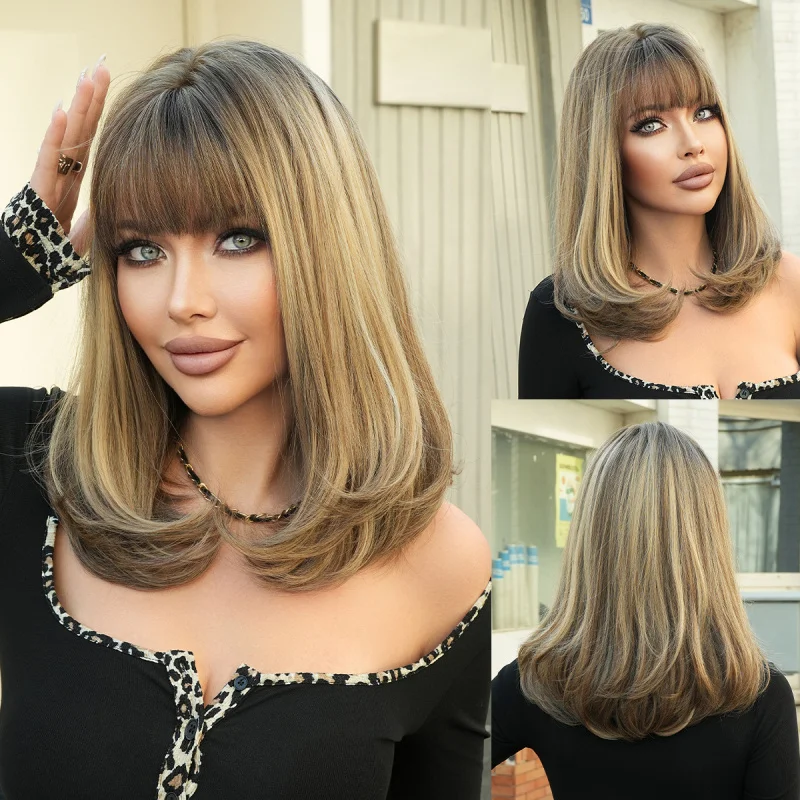 

Golden-brown wig for women, medium- shoulder-length , natural everyday look with air bangs, short hair, real human hai