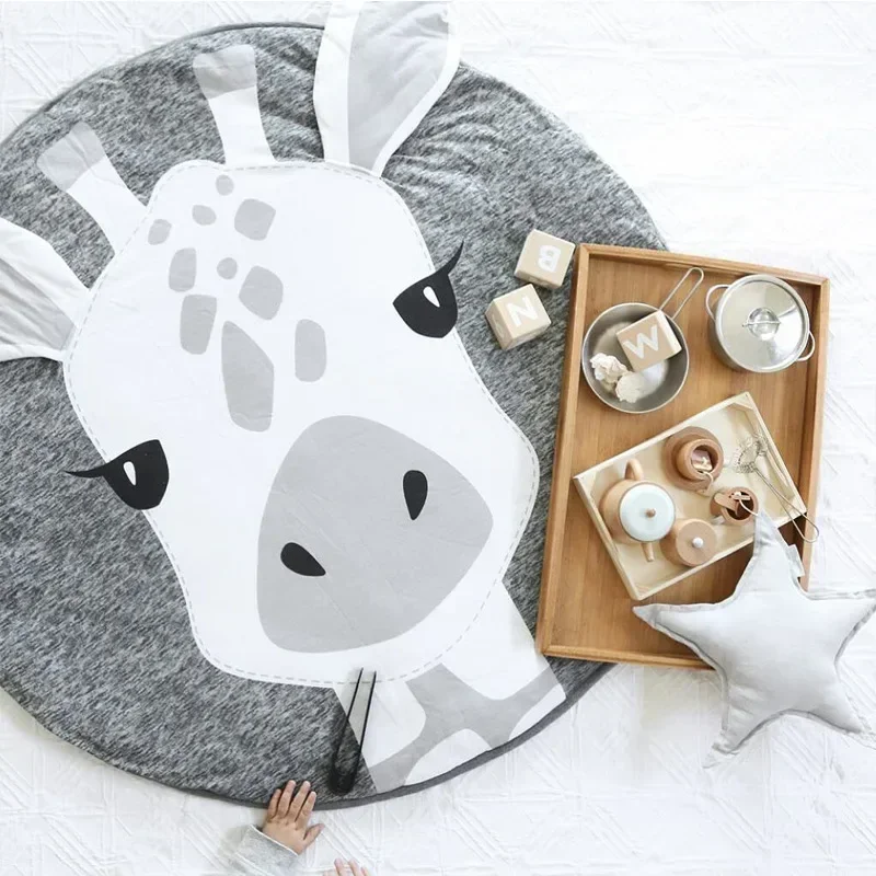 Baby Crawling Blanket Cotton Play Mat Cartoon Animal Round Floor Carpet Rugs Kids Room Newborn Photography Props Infant Mats