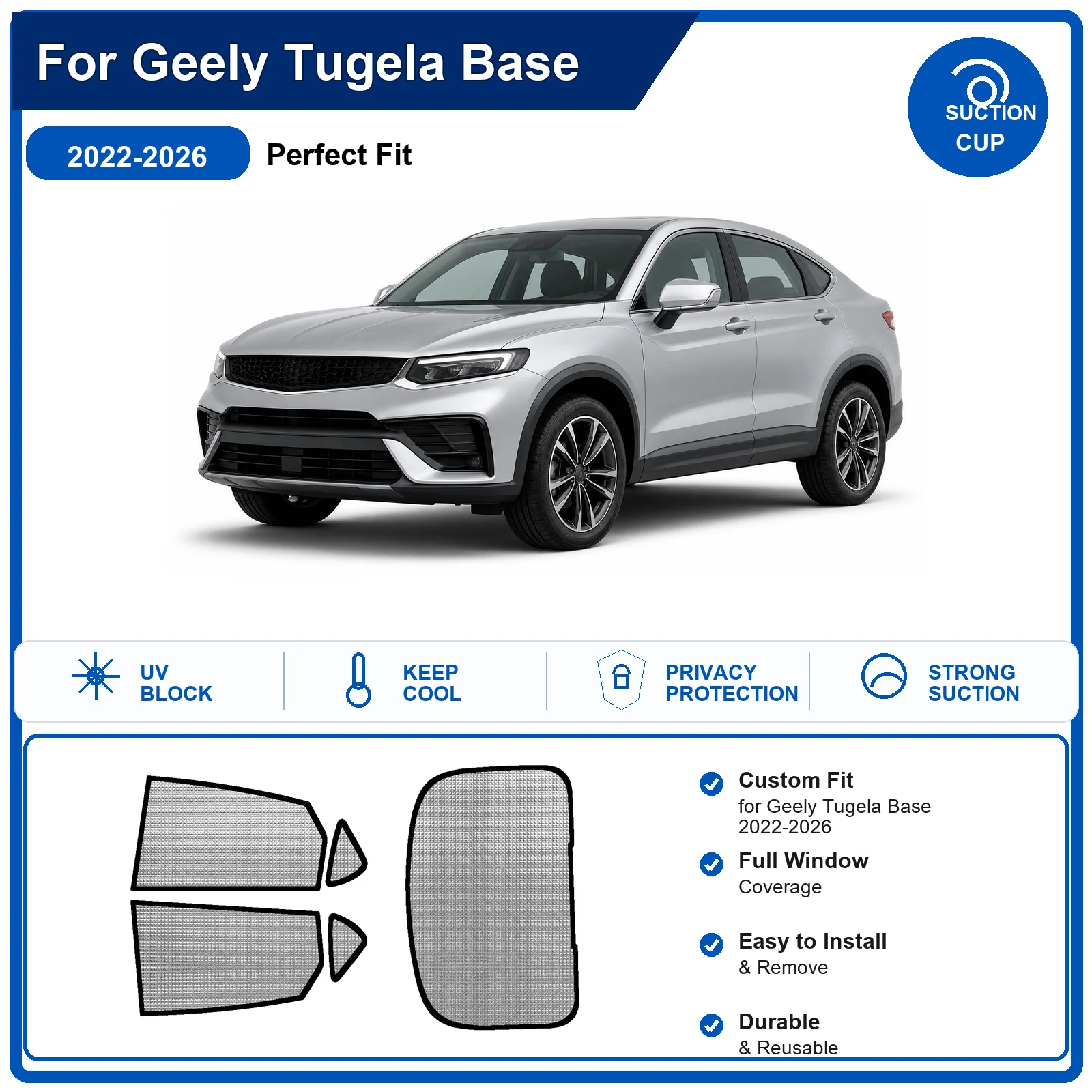 Для Geely Tugela Base 2022-2026: Полный комплект солнцезащитных шторок на лобовое стекло из алюминиевой фольги, теплоизоляционные, с защитой от УФ-лучей, складные