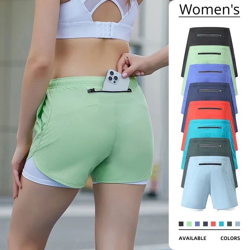 2 in 1 Summer Marathon Running 3'' Shorts Quick Dry Gym Training Sports For Ladies Women Lining Fitness With Waist bag For Men