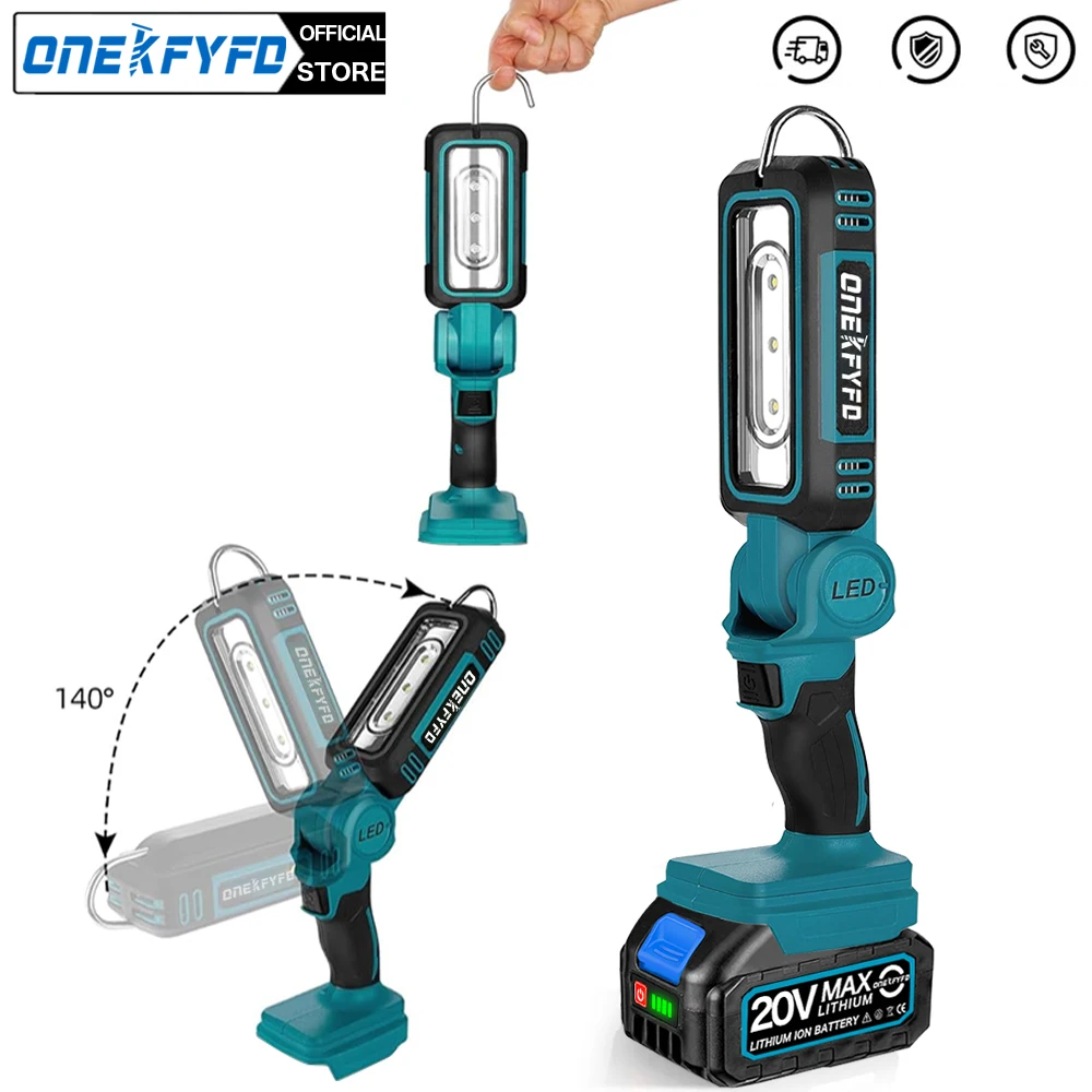 onekfyfd cordless led work light dois niveis ajustaveis 140 graus de rotacao iluminacao grande angular makita 18v bateria 01