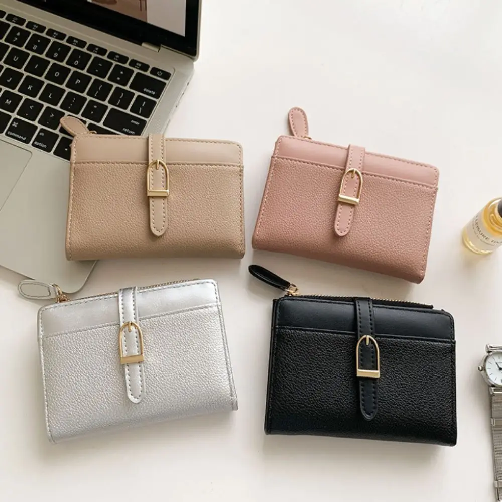 New Two-fold Women's Leather Wallet PU Leather Zipper Card Holder Wallet Multifunctional Short Wallet Ladies