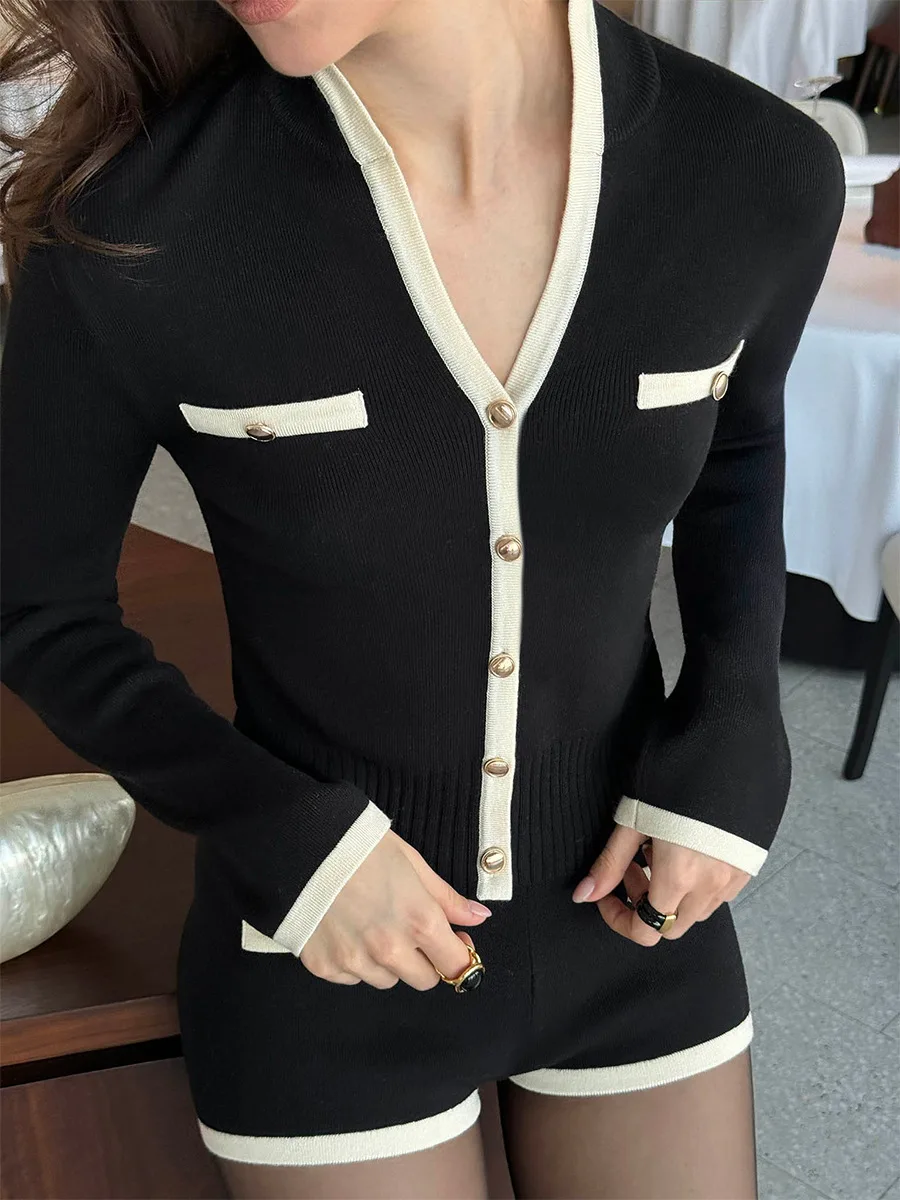 

Bornladies New Women's Sexy V Neck Long Sleeve Knit Cardigan Shorts Set Autumn Soft Fabric High Waist Shorts Casual Outfit