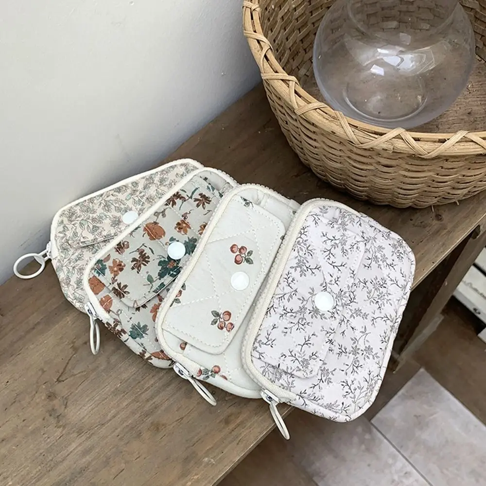 Stripe Floral Coin Purse Flower Korean Style Small Makeup Lipstick Bag Jewelry Packing Bag Earphone Bag Mini Canvas Storage Bag