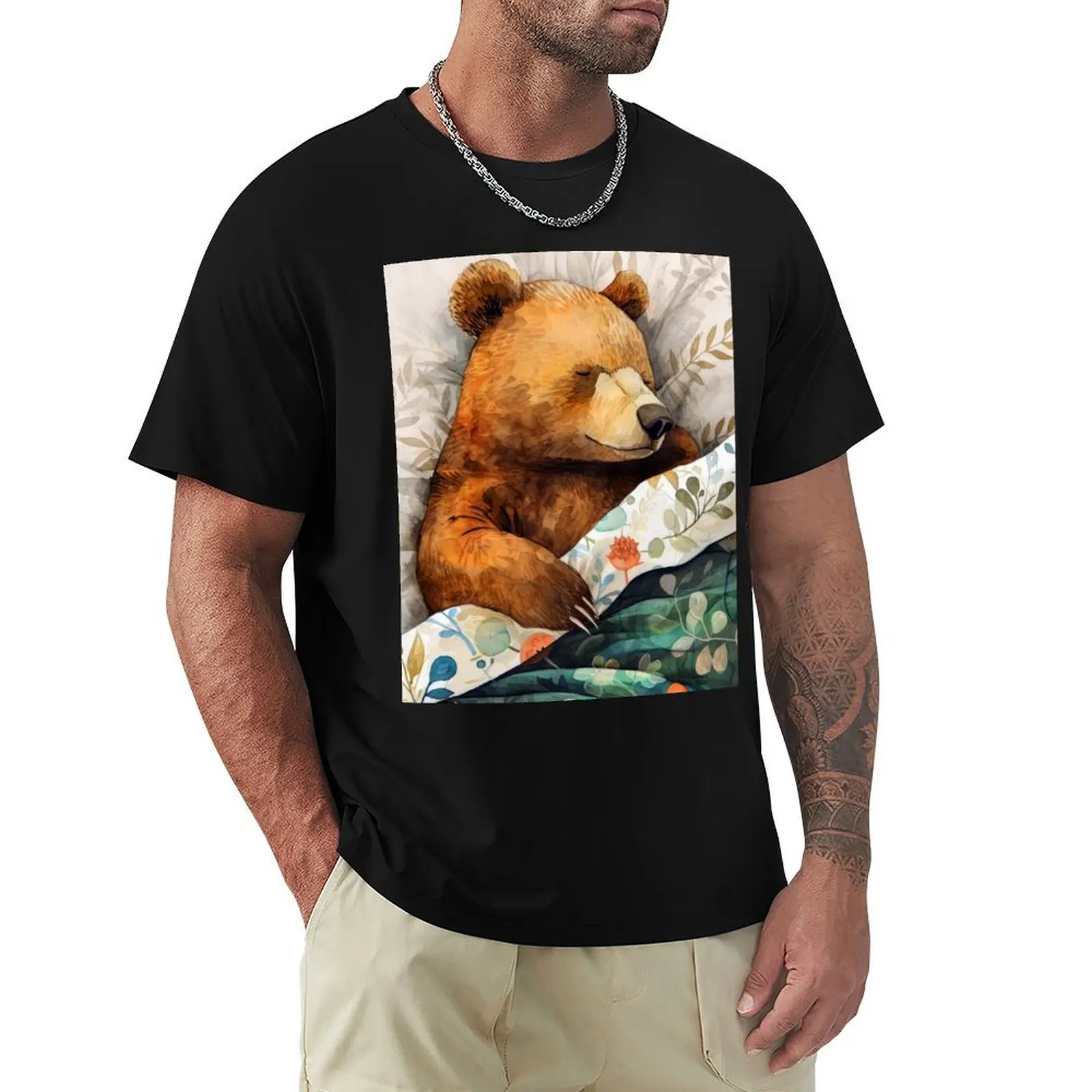 Bear portrait watercolor art #bear T-Shirt Non-Shrink Basic Cotton T-Shirt