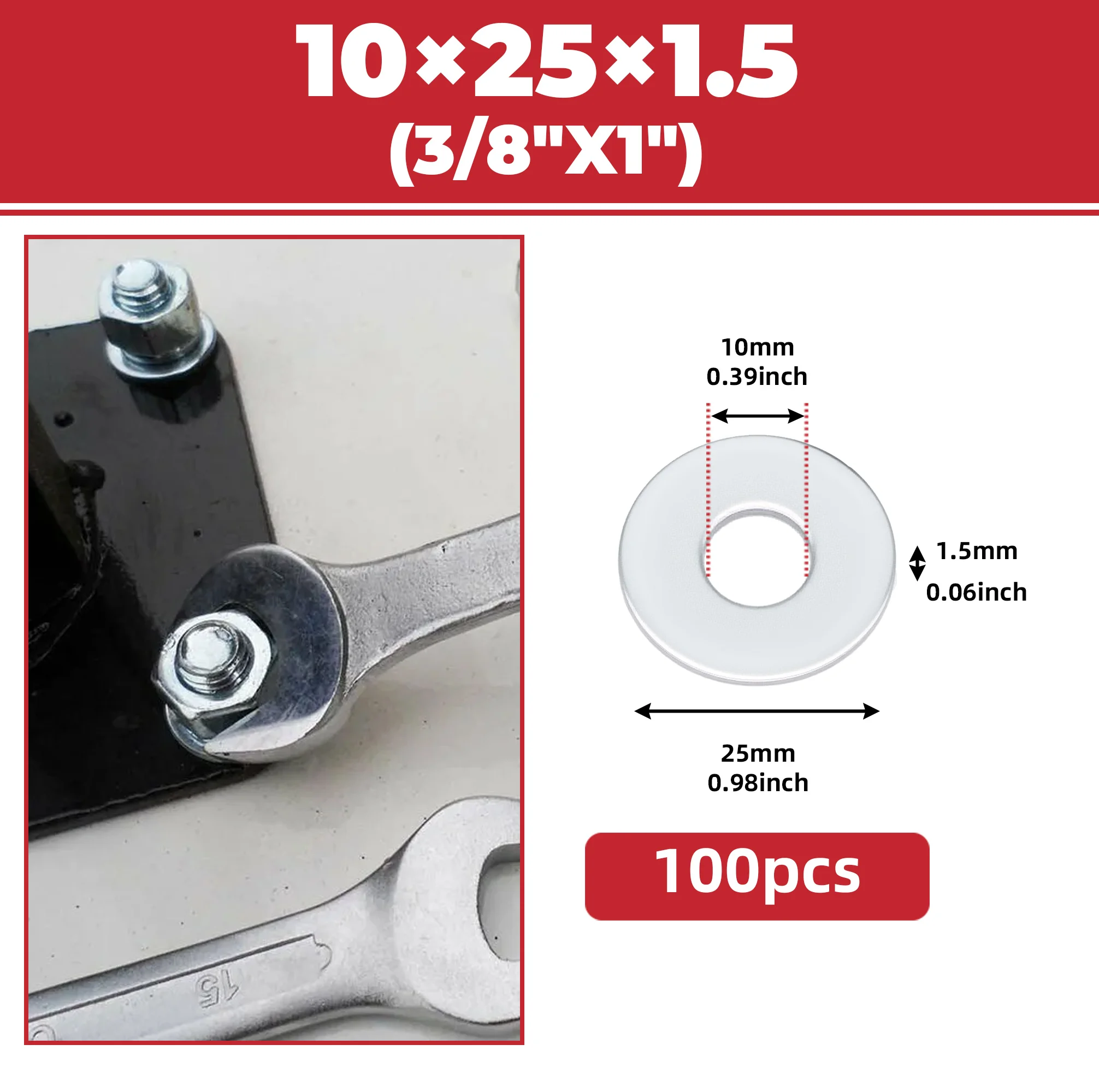 100Pcs 304 Stainless Steel Large Flat Washers 10x25x1.5mm 3/8