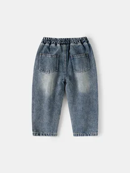 2026 Spring 2-6Y Childrens Pants Curved Blade Silhouette Jeans for Boys Washed Finish Elastic Waistband Denim Pants 2