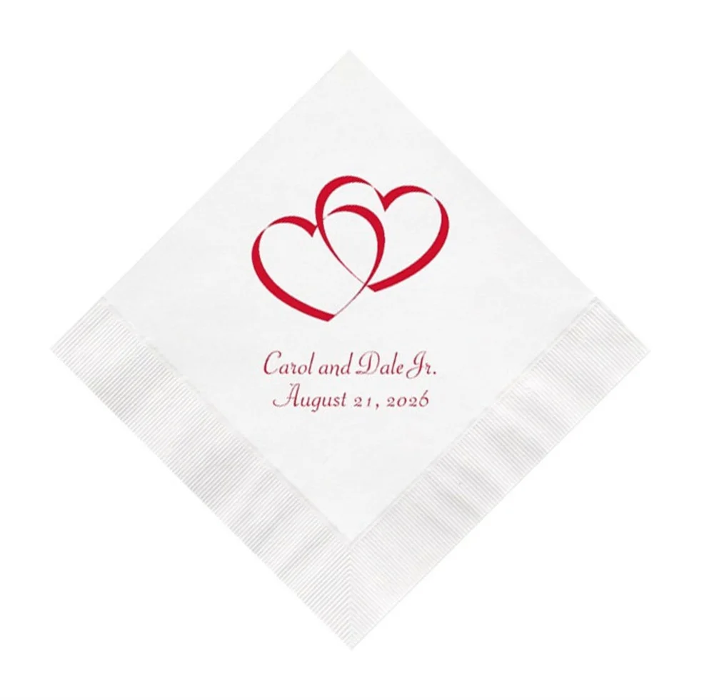 

Modern Double Hearts Wedding Napkins Personalized Set of 100 Paper Reception Decorations Decor