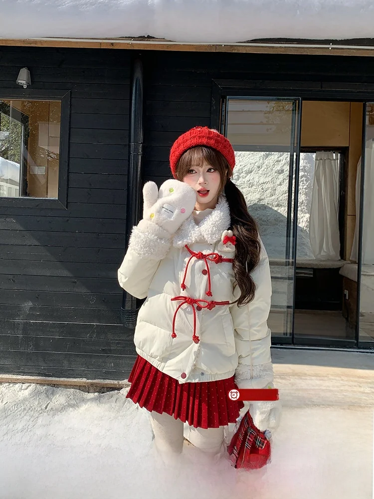 

Очаровательное новогоднее зимнее хлопковое пальто для женщин: теплое, с отложным воротником, утепленное, с длинными рукавами и декоративным узлом