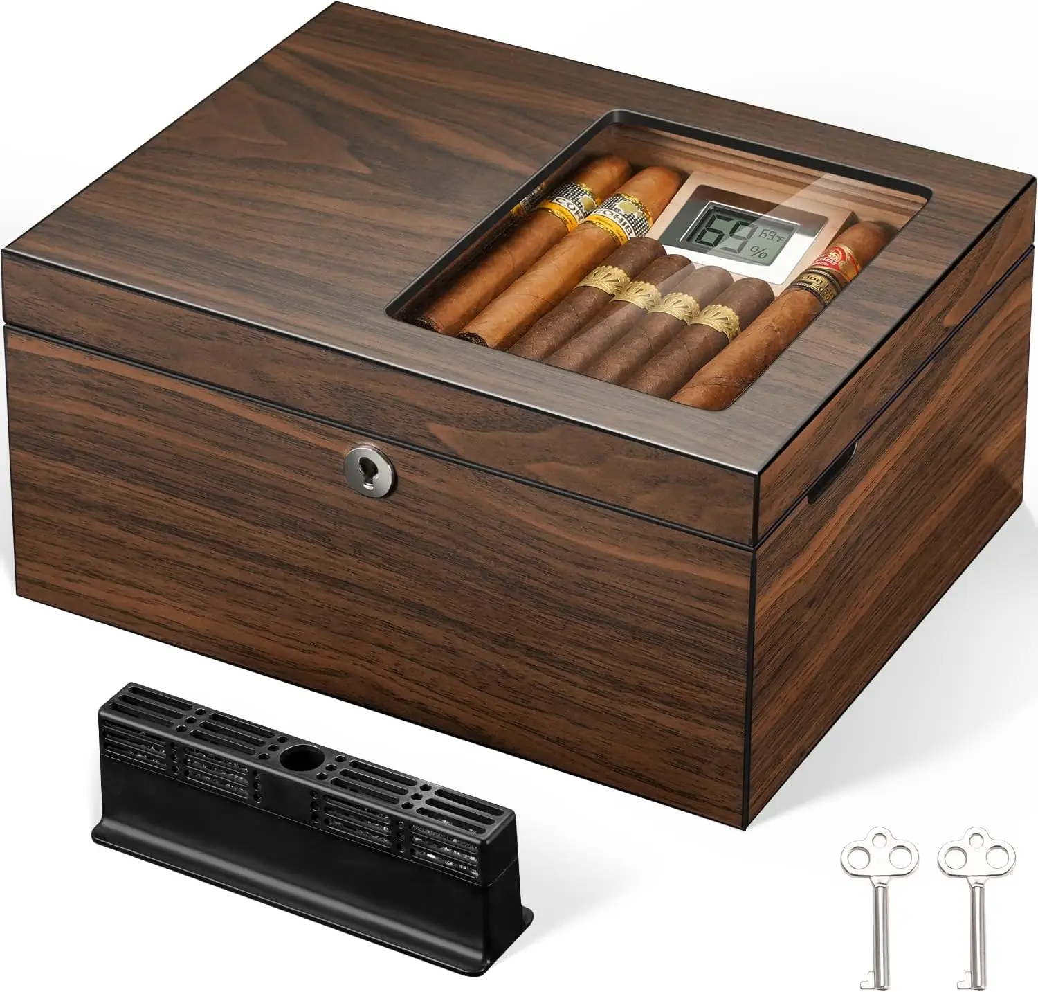 

Cigar Humidor Box with Ventilation Grid, Holds 120 Cigars, Spanish Cedar Lining, Magnetic Dividers, Digital Hygrometer & Lock