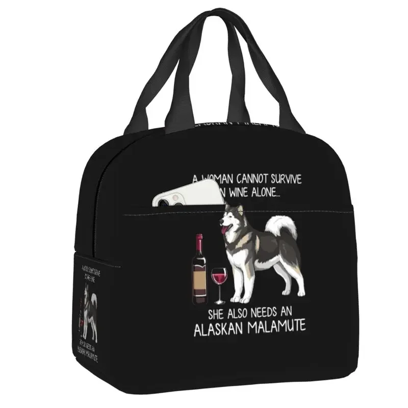 Malamute do Alasca e Vinho Lunch Bag Isolado, Funny Dog Bag para Camping, Viagem, Dog Lovers Cooler, Lancheira Térmica para Mulheres e Crianças