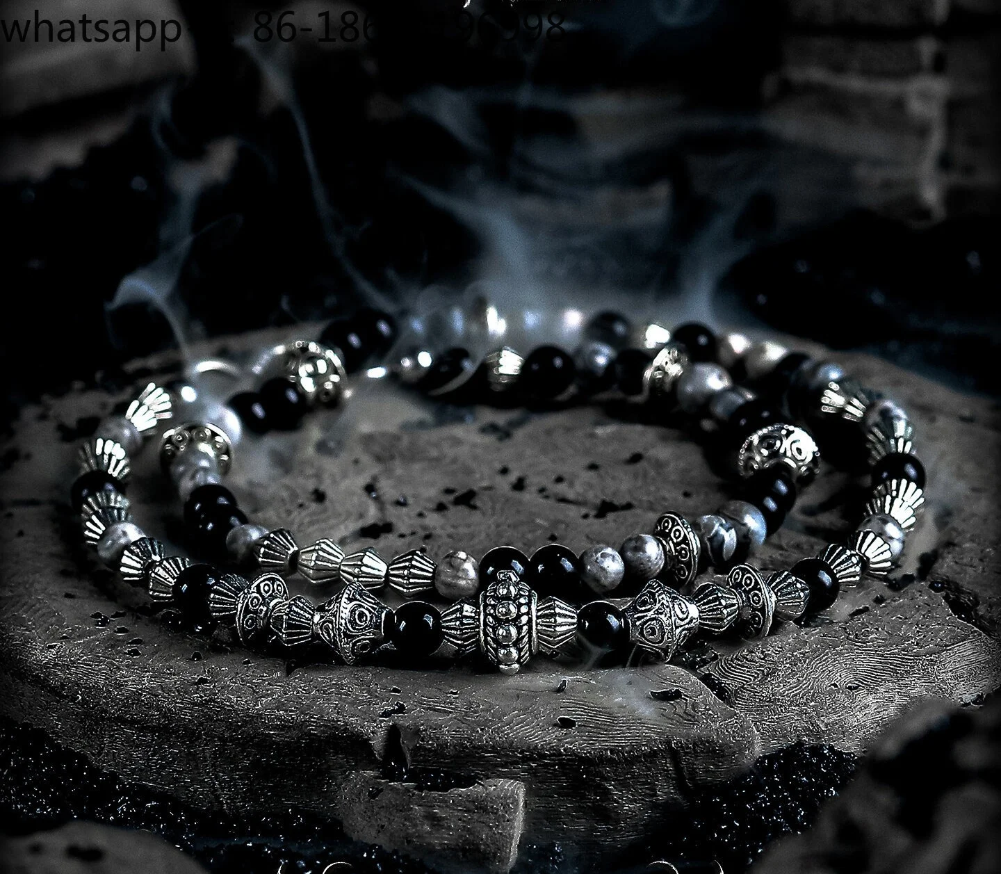 

[Broken] Dark Wind Obsidian Bracelet Boys Retro Double Layer Bracelet Beads Map Stone Stacked Wear