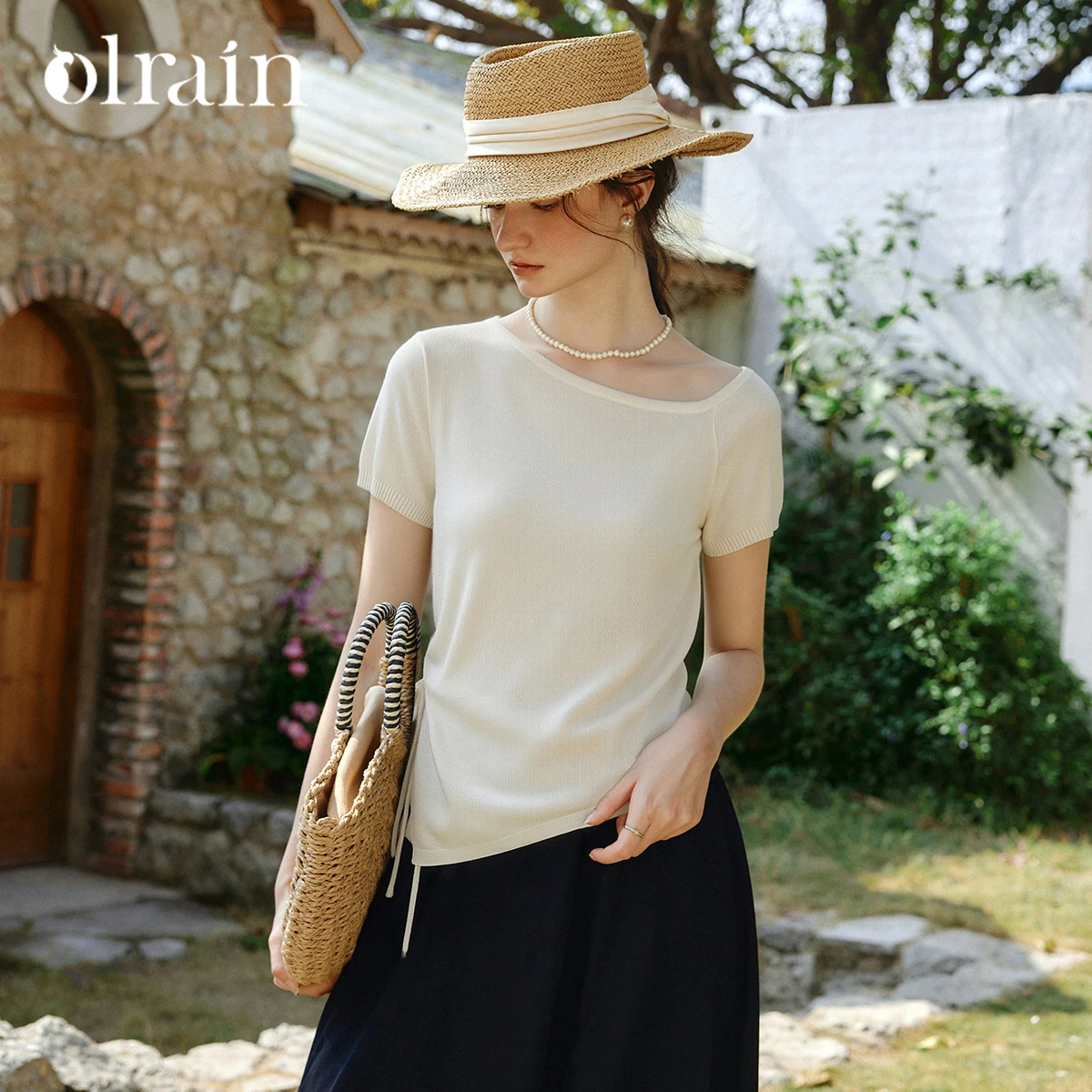 OLrain Asymmetrical Neck Short Sleeve Pullovers 2026 Summer French Drawstring Lace-up Waist Irregular Knit Top Women O58XZ008038