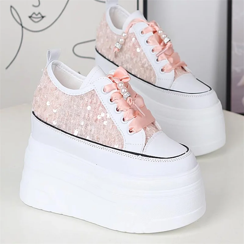10cm 12CM Air Mesh Synthetic Microfiber Chunky Sneaker Bling Leather Comfy High Brand Summer Platform Wedge Casual Flat Shoes