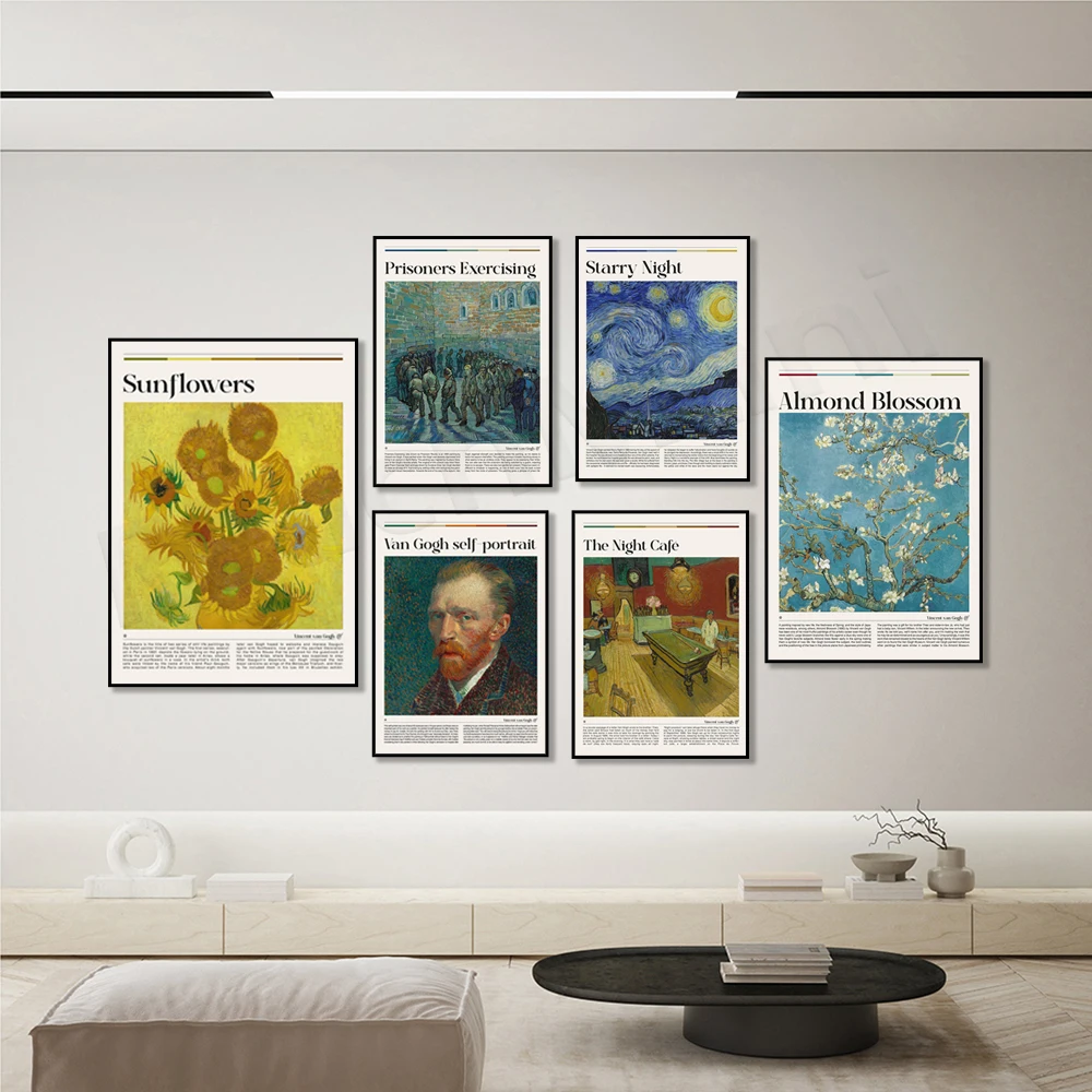 Van Gogh paintings, almond blossoms, sunflowers, tall portrait of the postman Joseph Roulin, Vincent van Gogh exhibition poster,