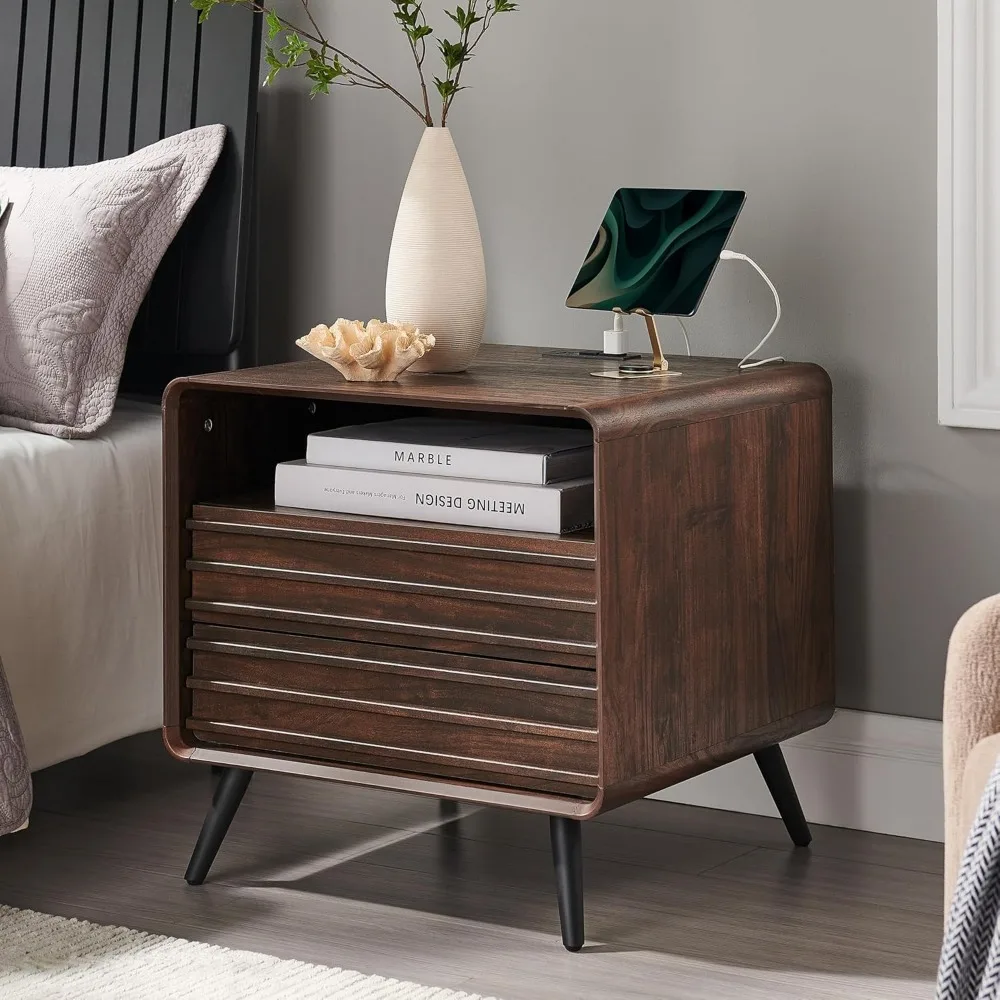 

24" Nightstand with Charger Station, Mid Century Modern Fluted End Table with 2 Drawers, Wooden Side Table with Open Cubby Stor