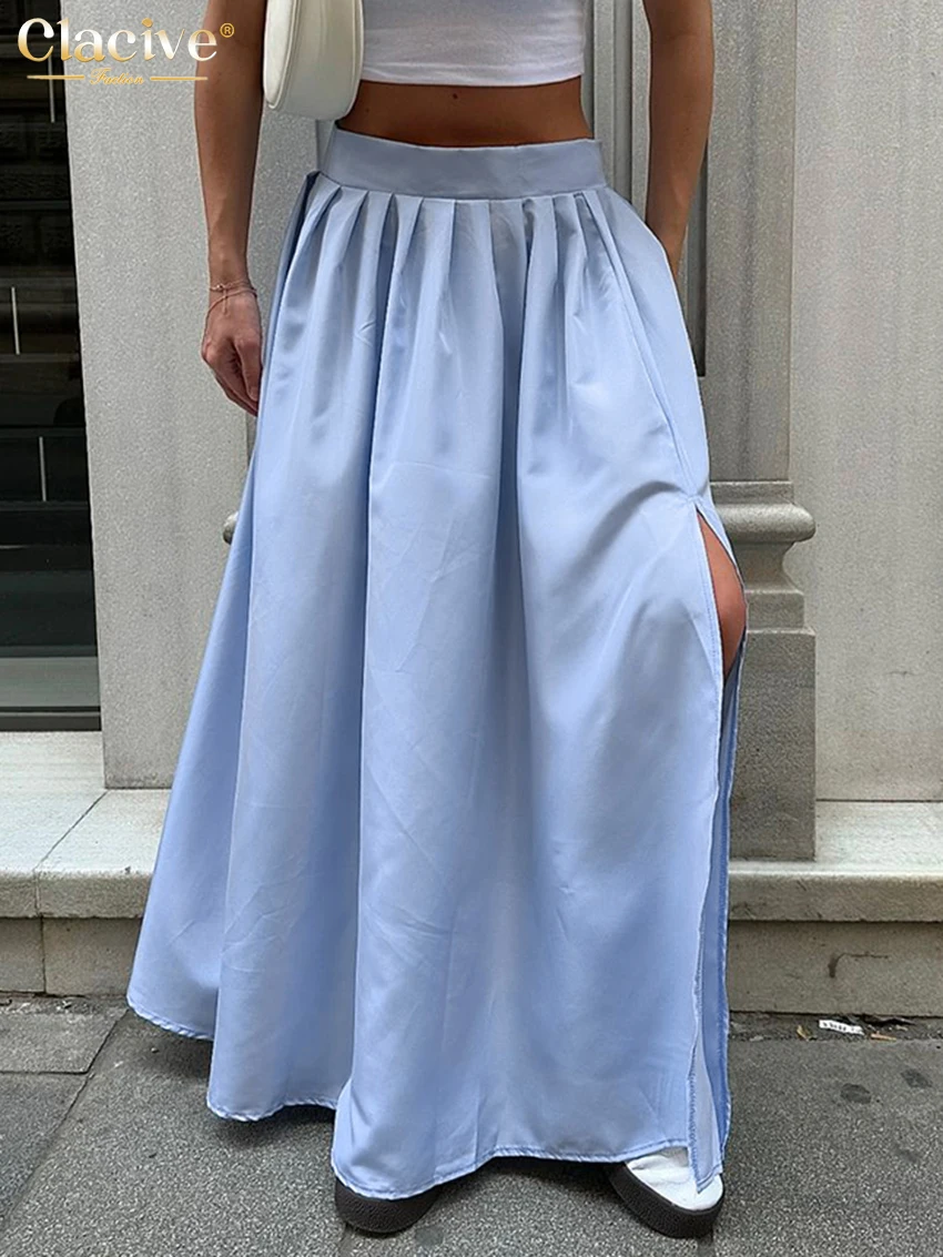 Clacive Fashion Loose Blue Women's Skirt 2024 Elegant High Waist Ankle Length Skirts Casual Pleated Slit Skirt Female Clothing