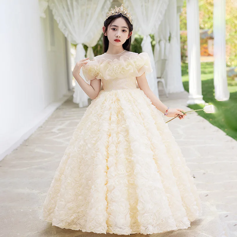 

2025 Children Evening Dresses for Girls 3-12 Yrs Kids Birthday Party Luxury Fluffy Ball Gown Wedding Prom Formal Flower Dress