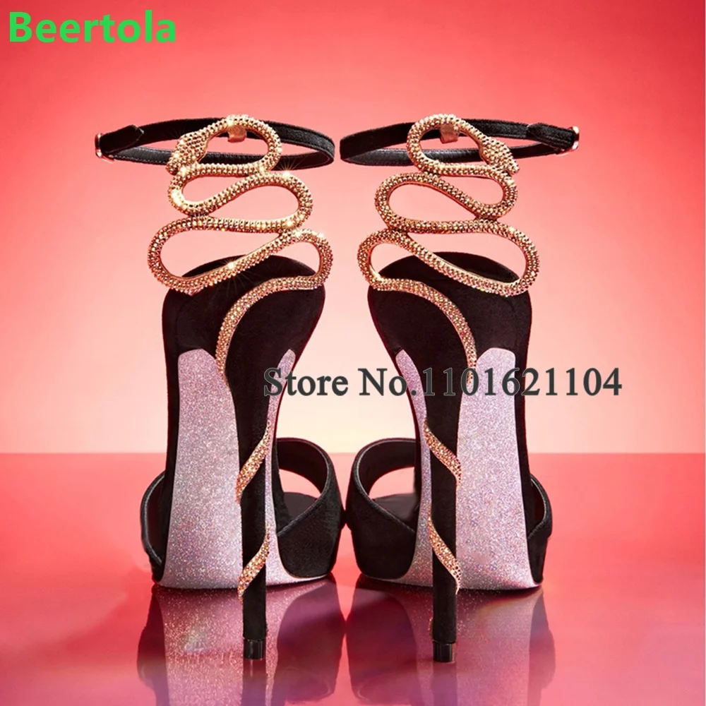 Black Back Snake Design Luxury Sandals For Female Women 2024 New Arrivals Thin High Heel Ankle Buckle Strap Fashion Elegant Shoe