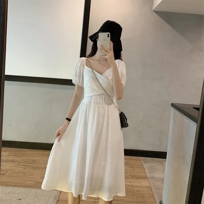 

Women French Short Sleeve A-line Dress 2026 Summer Korean V-neck Long Vestidos Female New Solid Color Loose Dresses U189