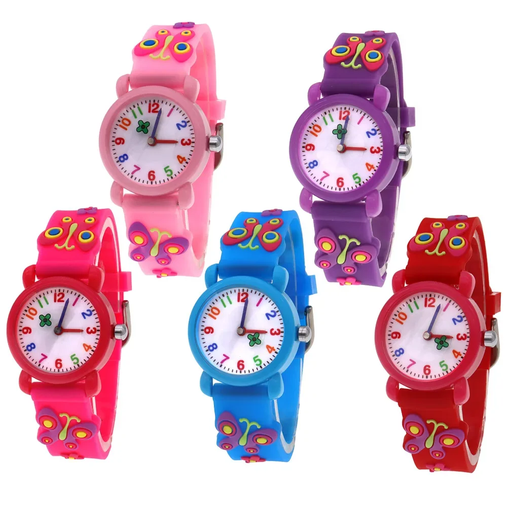 5Pcs Cartoon 3D Butterfly Flower Quartz Watch Wristwatch for Girls Students Move Hands Design Baby Clock