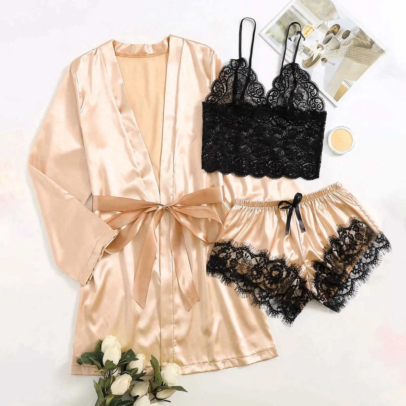 

Woman Sleepwear 3pcs Solid Lace Trim Satin Pajamas Set With Robe Sexy Faux Silk Pijamas Robe Sets Casual Home Clothes Nightwear