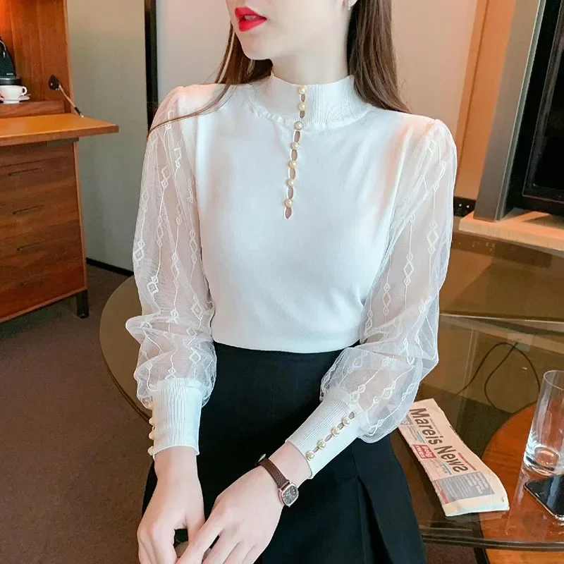 Elegant Spliced Hollow Out Gauze Beading Blouse Women's Clothing 2023 Autumn Winter New Casual Pullovers Office Lady Shirt