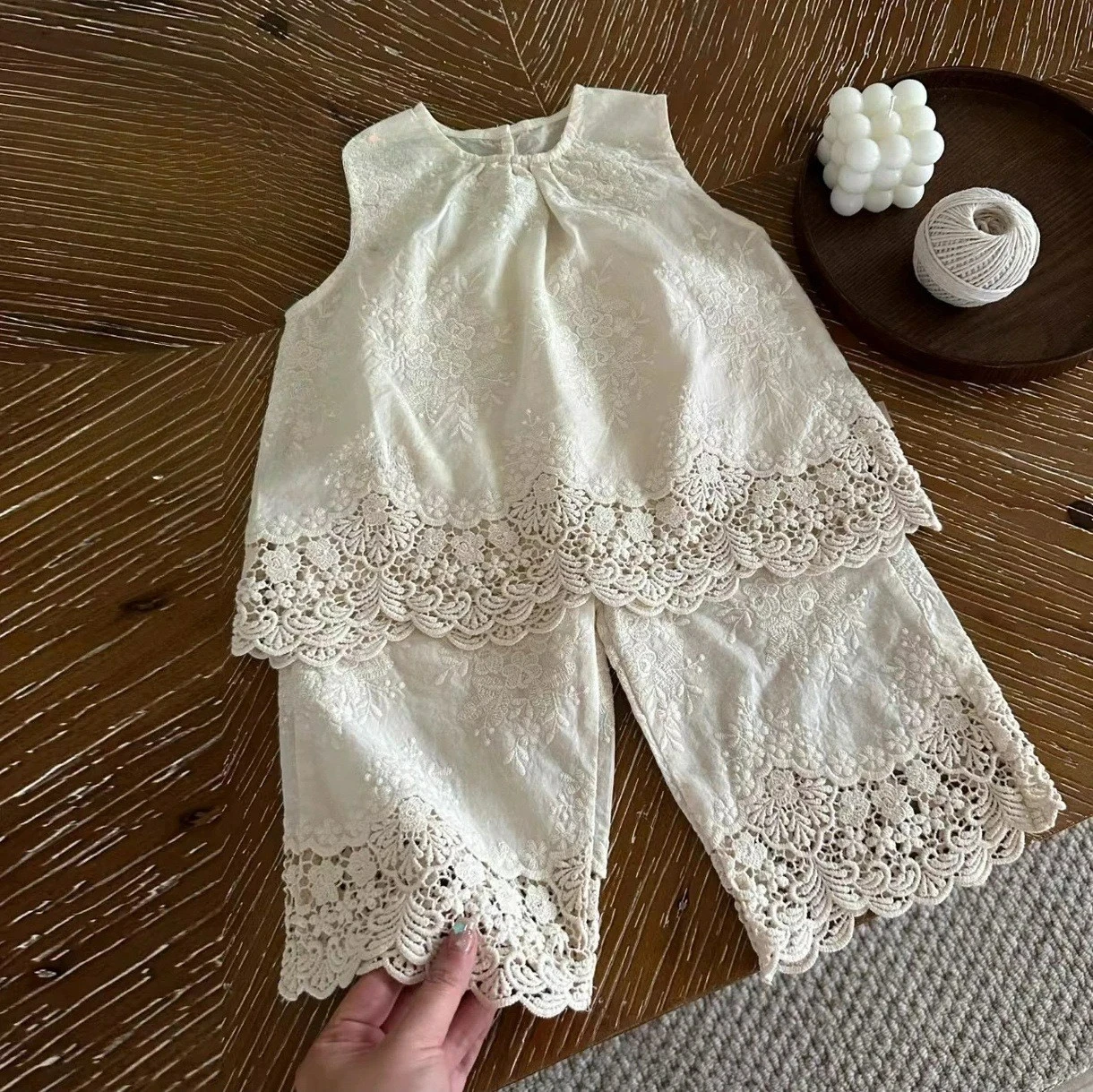 New 2025 Summer Toddler Girls Lace Outfit Set, Layered Lace Hem Sleeveless Top + Wide Leg Pants 2pcs Baby Girl Clothes