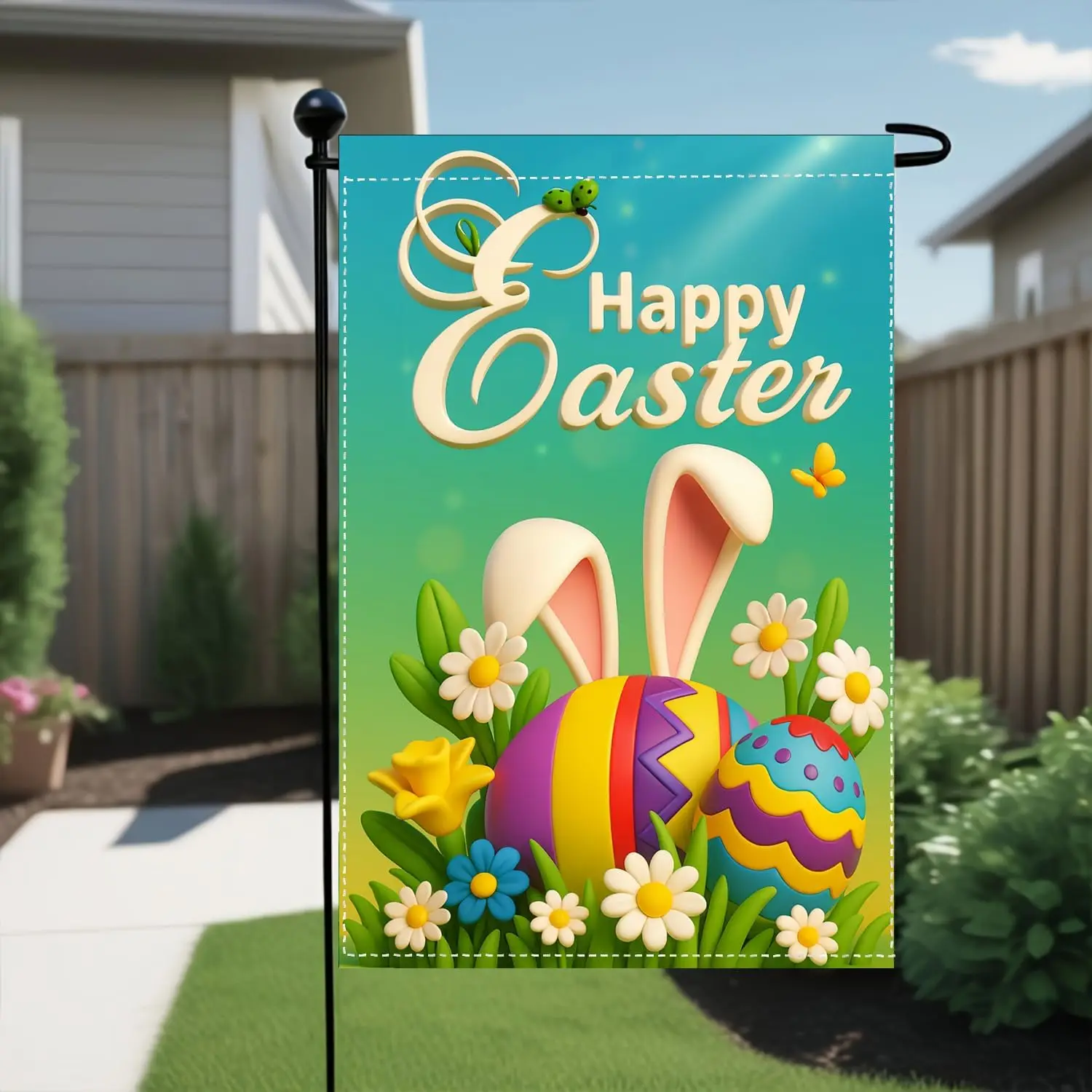 Happy Easter Garden Flag 12x18 Double Sided - Cute Spring Bunny Ears Colorful Eggs Yard Flags Outside, Vibrant Seasonal Flor AAS