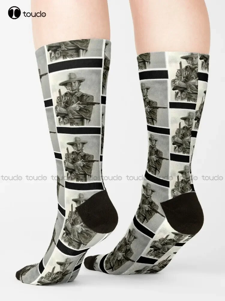 Clint Eastwood Sketch Socks Mens White Socks Personalized Custom Unisex Adult Teen Youth Socks 360° Digital Printing New Popular