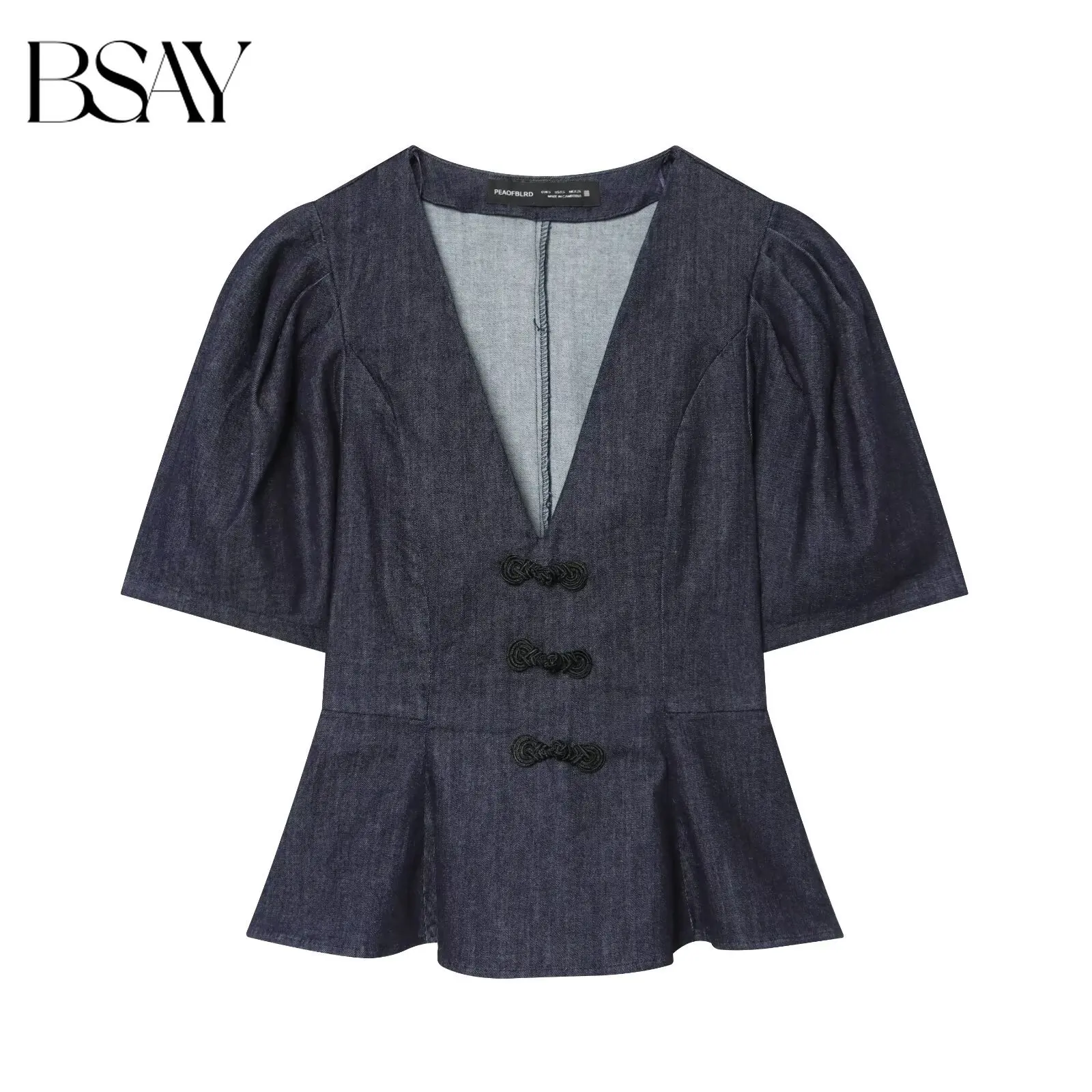 BSAY Women's Denim Peplum Blouse V-Neck Puff Sleeve Chinese Knot Frog Button Detail Casual Elegant Summer Office Wear Peplum Top