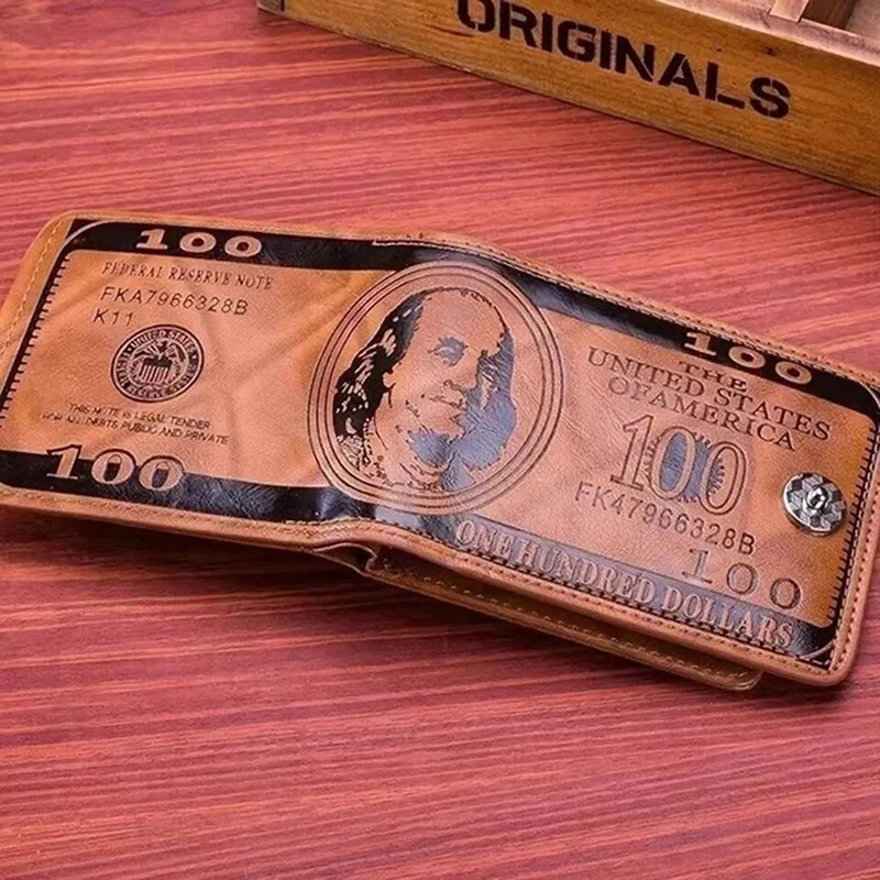 Billetera de cuero con patrón de dólar estadounidense para hombre, tarjetero de gran capacidad, 100