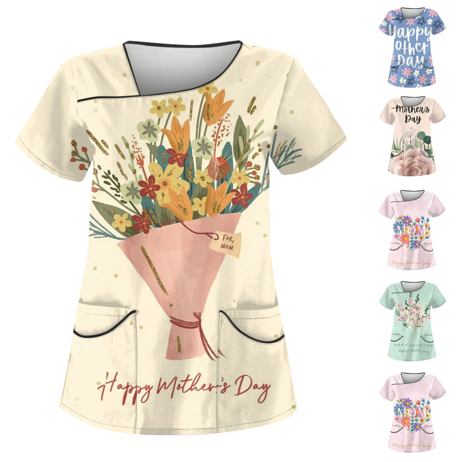 ملابس عمل واقية من جيوب مزدوجة للنساء ، توبات عناية بطباعة جرافيكية ، مقاس كبير ، كلاسيكي ، عيد الأم