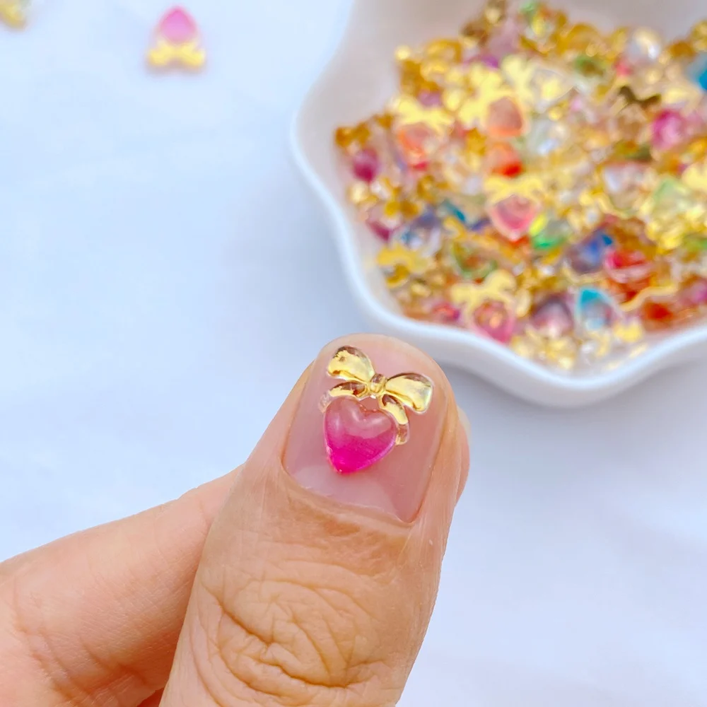 50Pcs New Cute Mini 9*10mm Resin Little Heart-Shaped Bow Series Flatback Ornament Jewelry Making Manicure Hairwear Accessories