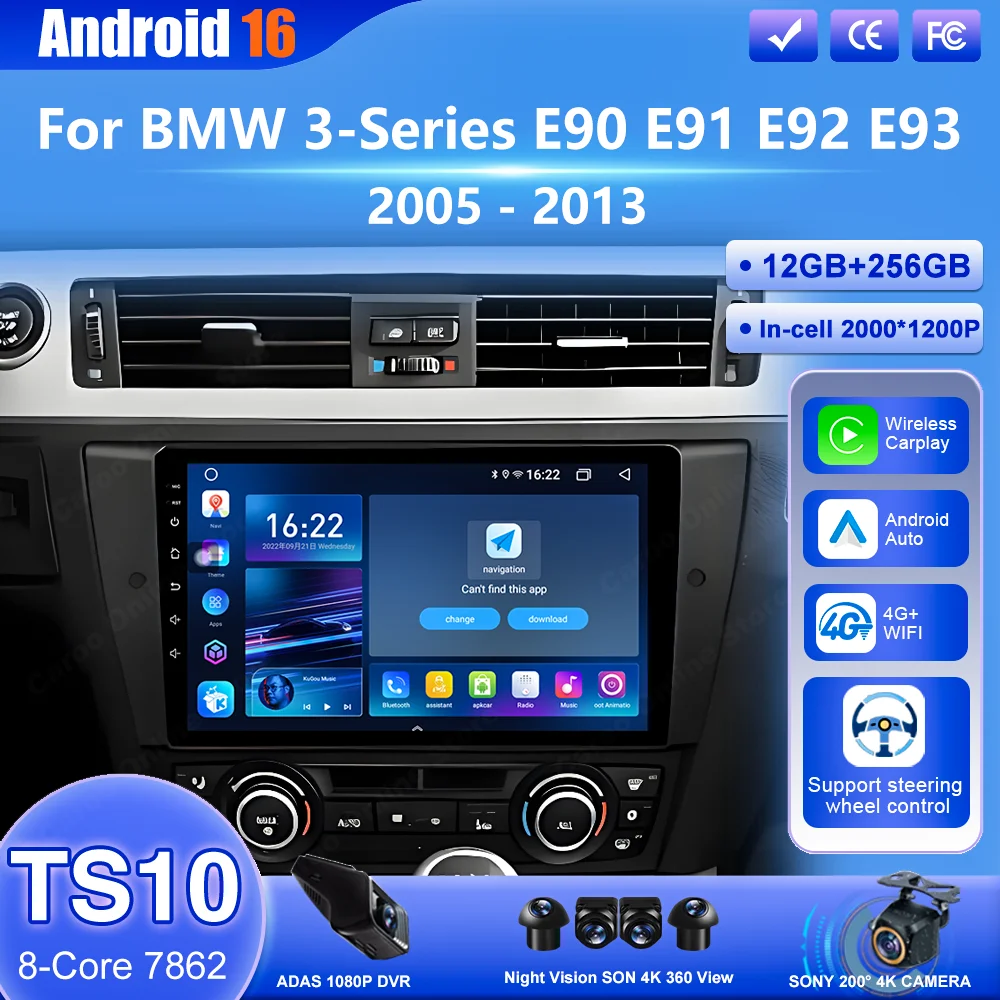 

Android 16 Car Radio Stereo For BMW 3-Series E90 E91 E92 E93 2005 - 2013 Auto Carplay Multimedia Video Player GPS 4G+Wifi QLED