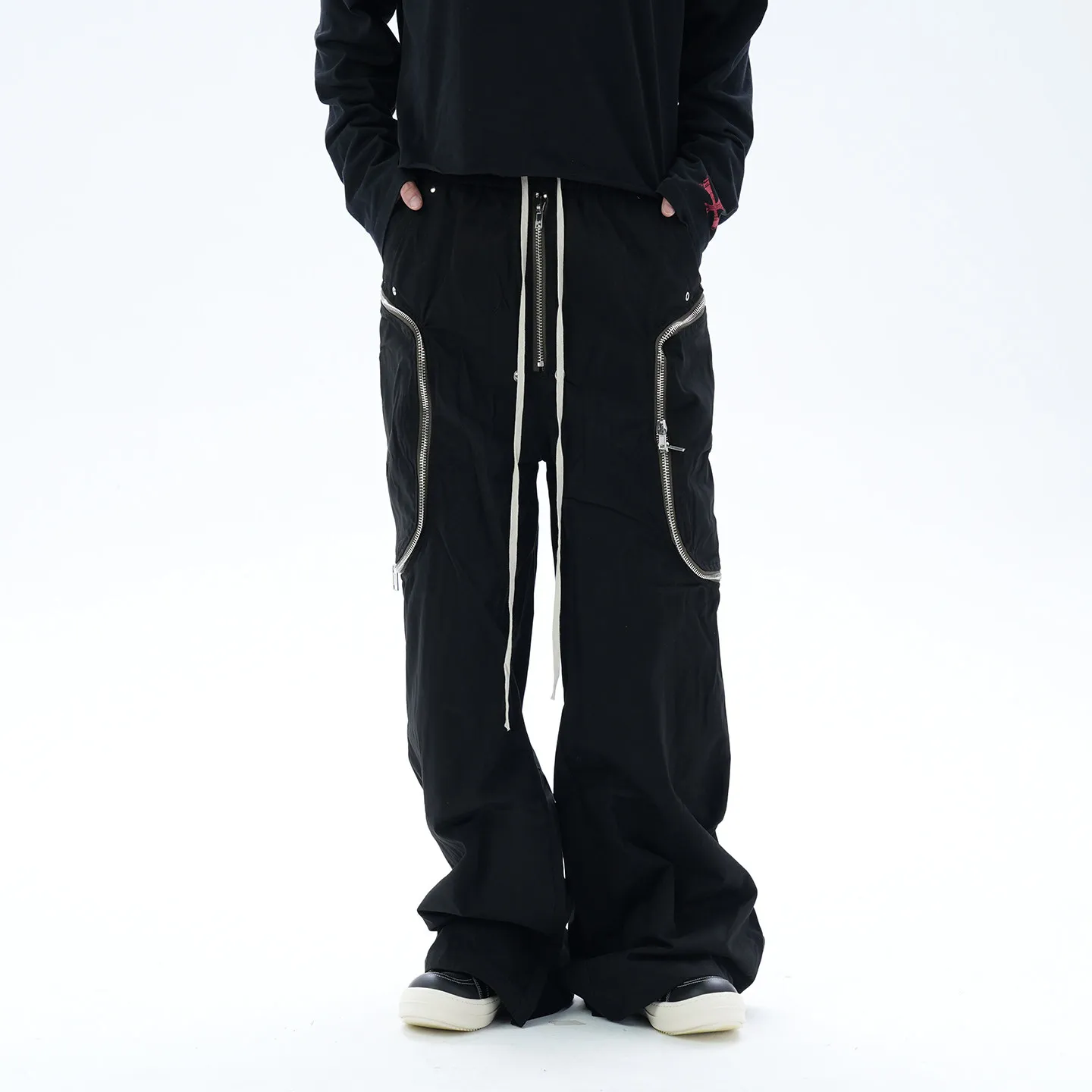 Fashion   Three-Dimensional Pocket Contrast Color Zipper Mopping Bell-Bottoms Wide-Leg Drawstring Casual Pants Trousers