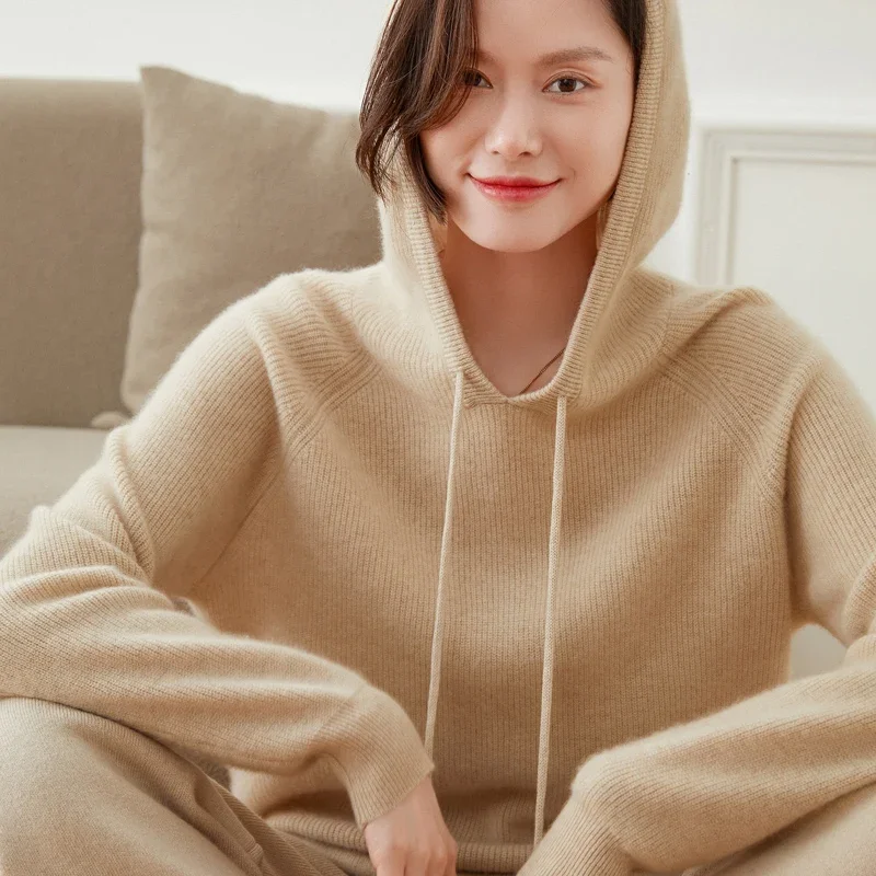 2023 Spring Autumn New Womens 100% Cashmere Sweater Fashion 6 Colors Female Knitted Hooded Pullover Loose Soft Knit Classic